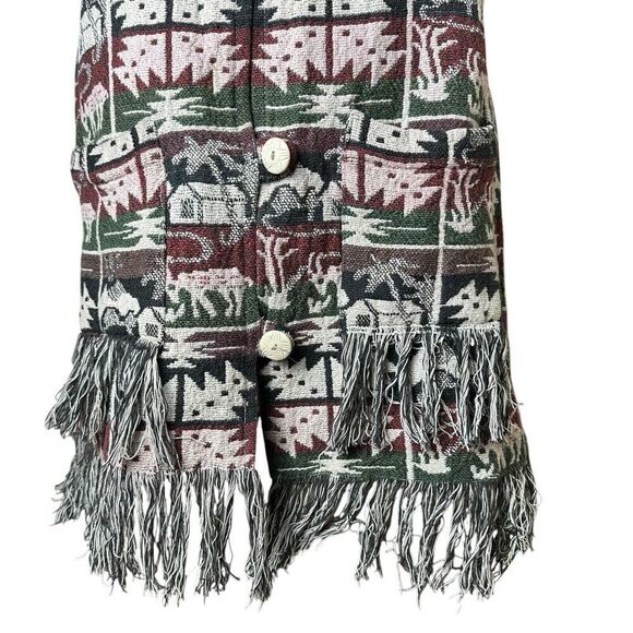 90s Vintage Tapestry Relaxed Rug Vest Pockets Fringe Large Boho Western Farm - Picture 6 of 9